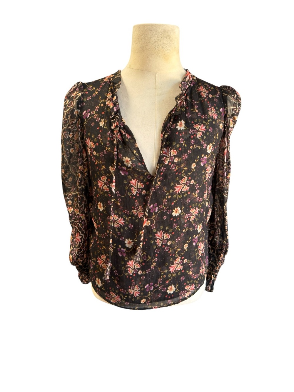 Misa Los Angeles Black Floral Ruffled V-Neck Blouse